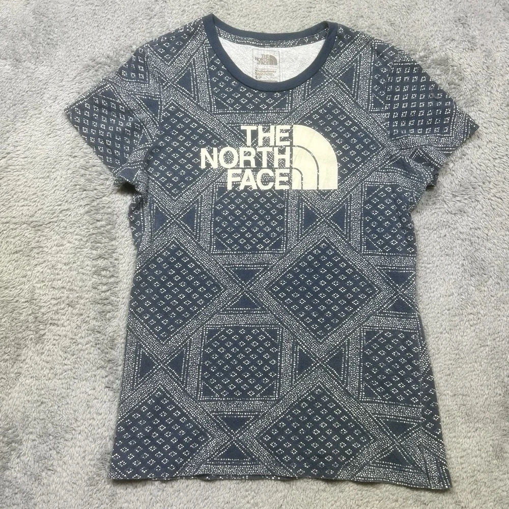 The North Face T-Shirt Tee Women's S Blue Crew Neck Short Sleeve Aztec Print REG